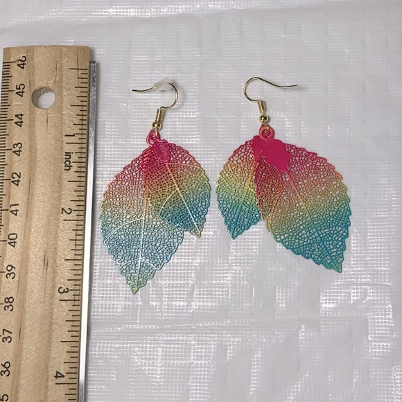 Neon Colored Leaf Drop Earrings - Picture 2 of 2
